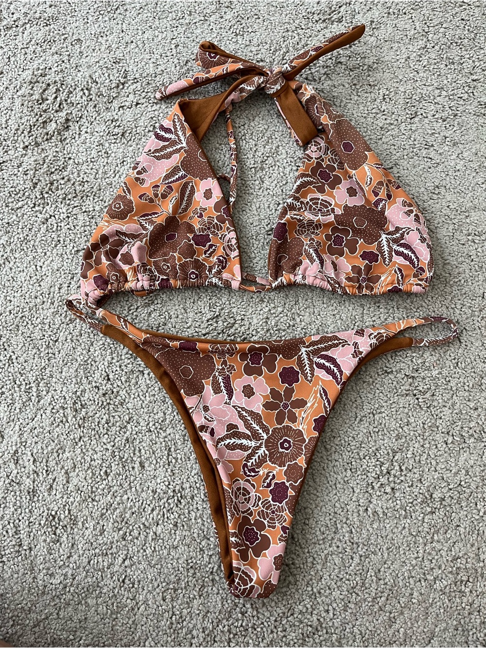 Floral Triangle Bikini Set in Rust, Pink & Brown